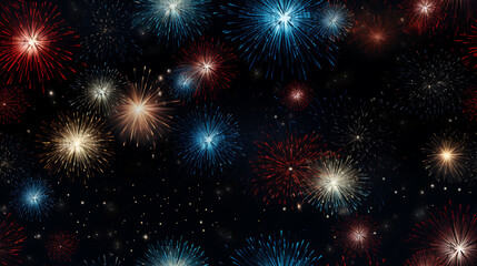 fireworks on the night sky - in red, white and blue colors - Seamless tile. Endless and repeat print.