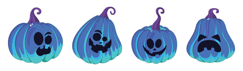 Halloween pumpkin set of 4 illustrations blue - smile spooky happy face expression