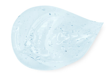 A large smear or drop of a clear blue gel, serum. On an empty transparent background.