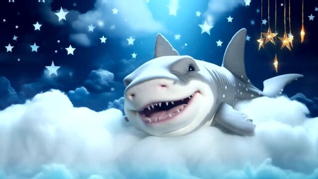 Lullaby For Babies video background or Bedtime Lullabies animation looping baby shark sleep on cloud, relax and nice dream on night 4k quality
