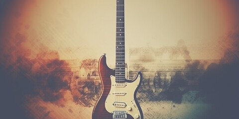 music guitar background wallpaper red grey black cream grit and grain effects vintage look - obrazy, fototapety, plakaty