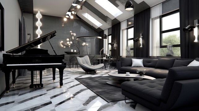 Black and white living room concept with luxurious sofa and grand piano, generated by AI