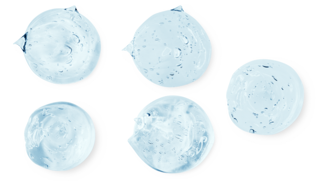 A set of smears and drops or drops of a transparent blue gel, serum. On an empty transparent background.