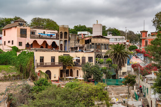 Buildings on a hillside in Barranco, Lima, Peru.