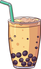 Cute outline cartoon of bubble tea, vector