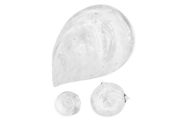 Composition of smears and drops or drops of a transparent gel, serum. On an empty transparent background.