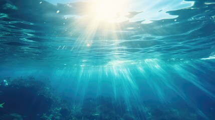 Summer time under sea. Ocean in clean and clear water with ray of sunlight - obrazy, fototapety, plakaty