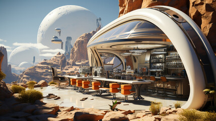 whimsical Martian coffee cafe, a dynamic intergalactic culinary exploration generative ai