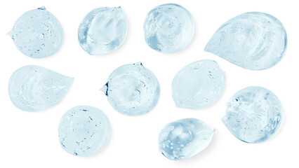 A set of smears and drops or drops of a transparent blue gel, serum. On an empty transparent...
