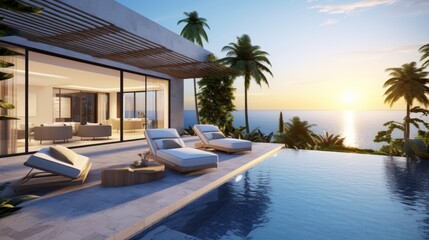 Fototapeta premium Envision a modern villa nestled along the coast, offering a tranquil and scenic retreat with panoramic ocean views