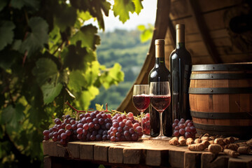 Wine glasses,  barrel, and grapes in the background of the rural or vineyard landscape. The working...