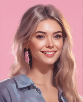 Close-Up Portrait of a Delightful Smart Blonde Girl on Pink Background. generative AI