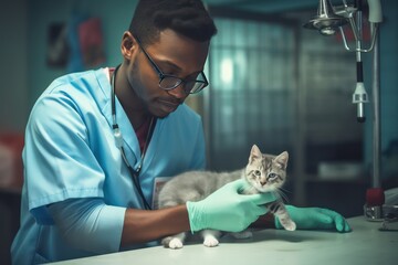 Male veterinarian with a kitten in the clinic. African American veterinary doctor checks the health of a little kitten. Love for pets and concern for their health.