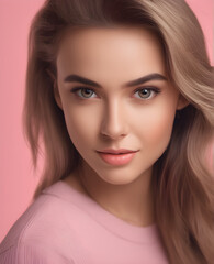 Naklejka premium Close-Up Portrait of a Charming Young Woman on a Pastel Pink Background. generative AI