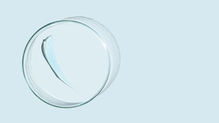 Petri dish and drops and ointments of transparent gel or serum on a blue background. Banner with empty space for advertising.