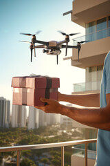 The drone delivered the box to the client. Modern technology and information, online shopping and transporting boxes using gadgets.