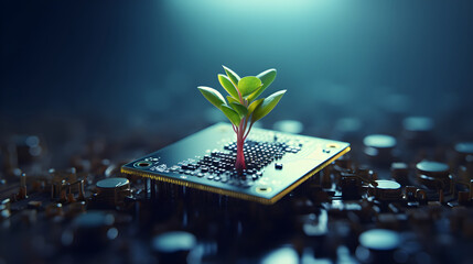 Plant growing on computer chip representing digital ecology business with blurred background. - obrazy, fototapety, plakaty