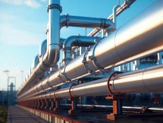 A large oil and gas pipeline in the midst of refining, with blurred background for added focus.