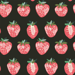 Strawberry hand drawn seamless pattern on dark background for textiles or packaging design