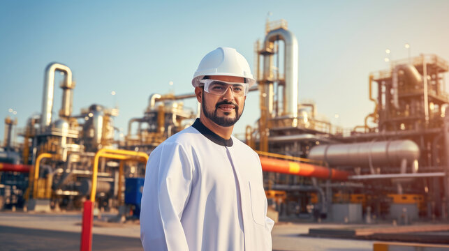 An Arab entrepreneur's success in the oil industry is evident as they stand beside an oil pump with a panoramic view of an expansive refinery in the background.