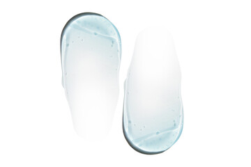 Composition of smears and drops or drops of a transparent blue gel, serum. On an empty transparent background.