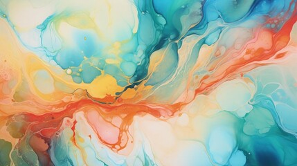 An abstract close-up photo of marble in blue, yellow and red colors with a white background. - obrazy, fototapety, plakaty