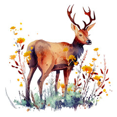 Watercolor painting of deer in the meadow on transparent background PNG
