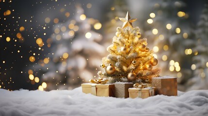 Golden Christmas tree with snow covered and tree ornaments and gift boxes.