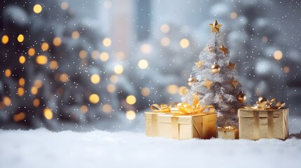 Golden Christmas tree with snow covered and tree ornaments and gift boxes.