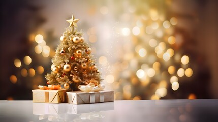 Golden Christmas tree with snow covered and tree ornaments and gift boxes.