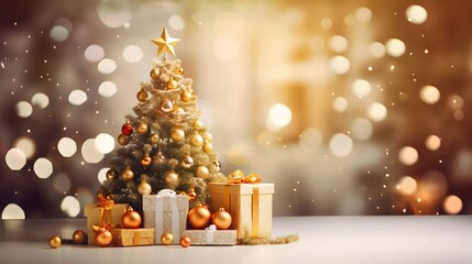 Golden Christmas tree with snow covered and tree ornaments and gift boxes.