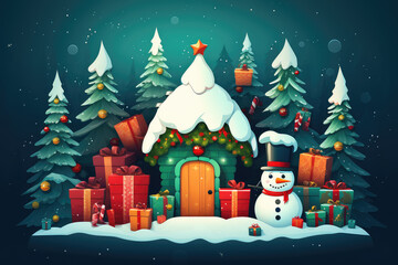 Obraz premium Christmas tree surrounded by gift boxes, snowman, house, stars, bells, Christmas balls, ribbons and snow. Christmas or New Year celebration concept. Flat design.
