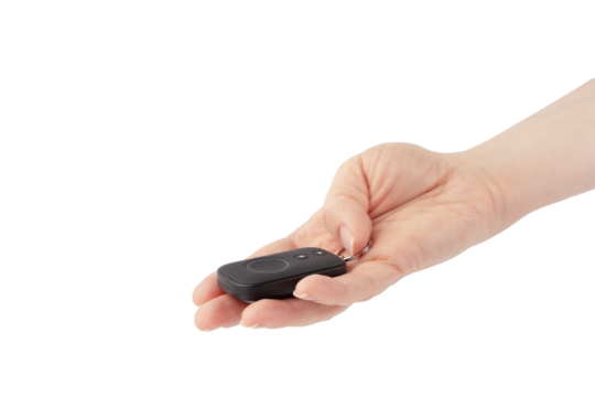 car alarm remote control in hand isolated, vehicle theft protection, remote door closing