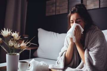 woman with allergy and flu sick in her bed - obrazy, fototapety, plakaty
