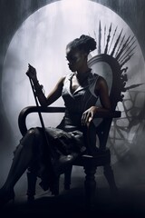 A dark elf sits in a gothic chair, fanning herself. The atmosphere is dirty, smeared and sandy, with metal dust