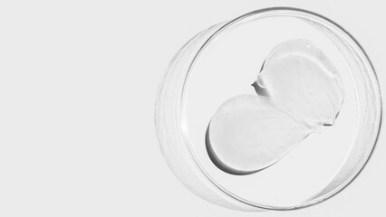Petri dish on a light background, transparent gel smears. Empty place
