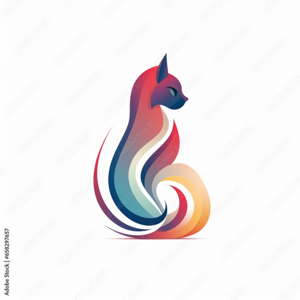 Sticker abstract modern logo of r-shaped cat sitting, no background, minimalistic