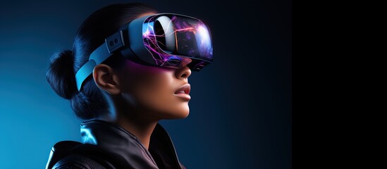 Woman trades cryptocurrency in virtual reality using VR glasses on a decentralized exchange in a virtual world