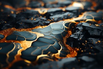 Un gros plan d'un marbre noir et doré, un rendu 3D