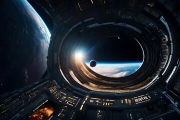Astronaut looks at black hole and event horizon. realistic science fiction art