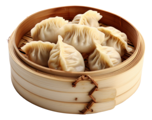 Chinese dumpling in bamboo basket isolated.
