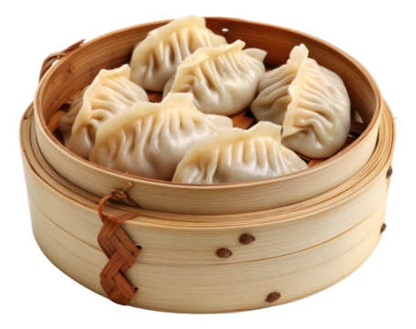 Chinese dumpling in bamboo basket isolated.