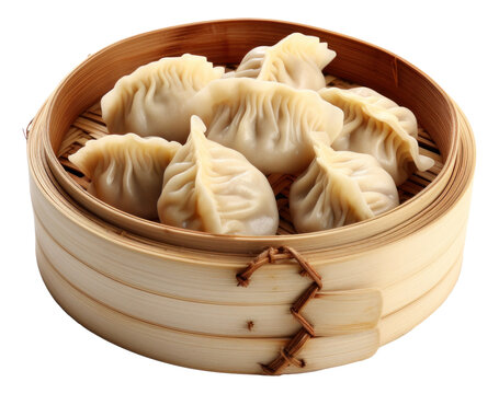 Chinese dumpling in bamboo basket isolated.