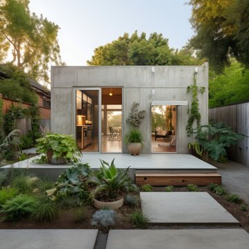 concrete accessory dwelling unit with vegetable garden
