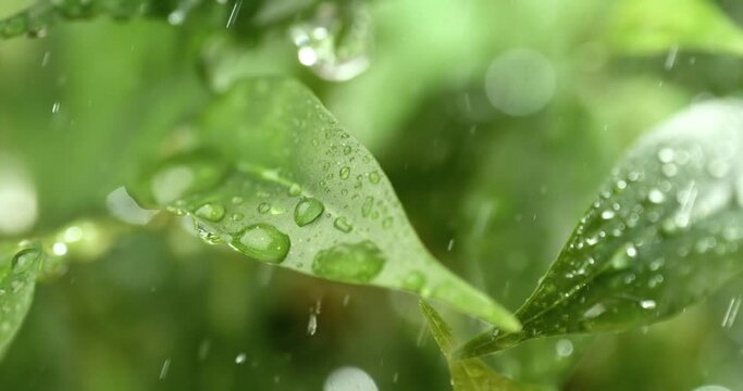 Close up of raindrops in super slow motion. Rain drips on the green leaves of the plant.