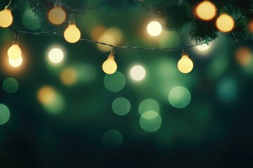 Holiday illumination and decoration concept - christmas garland bokeh lights over green shaded background banner, stars, baubles and decoration for x-mas