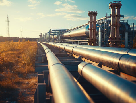 This image captures an industrial oil and gas pipeline during the refining process, highlighting the dynamic movement of resources.