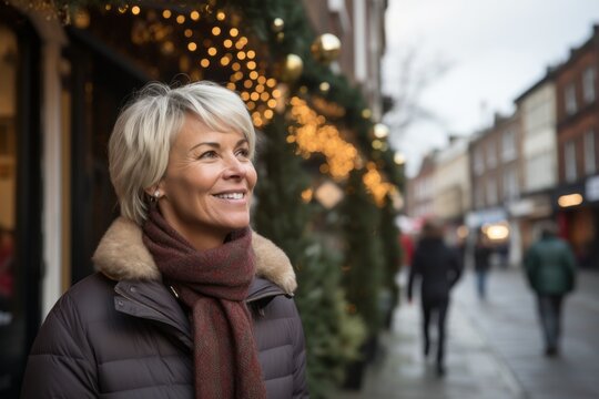 Portrait of smiling mature woman on Christmas market in London, UK