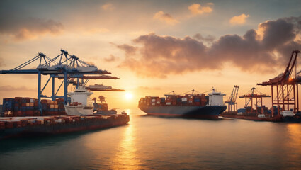 Fototapeta na wymiar Aerial view of international port, Logistics and transportation of International Container Cargo ship at sunset, twilight sky, Freight Transportation. ai generative