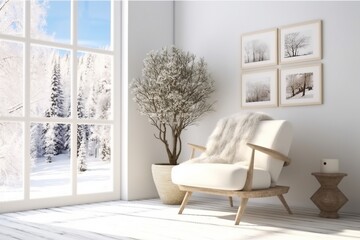 White room with armchair and winter landscape in window. Scandinavian interior design. 3D illustration. generative ai.
